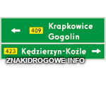 znak E-2a drogowskaz tablicowy umieszczany obok jezdni z nazwami dwóch miejscowości kierunkowych na jednym kierunku